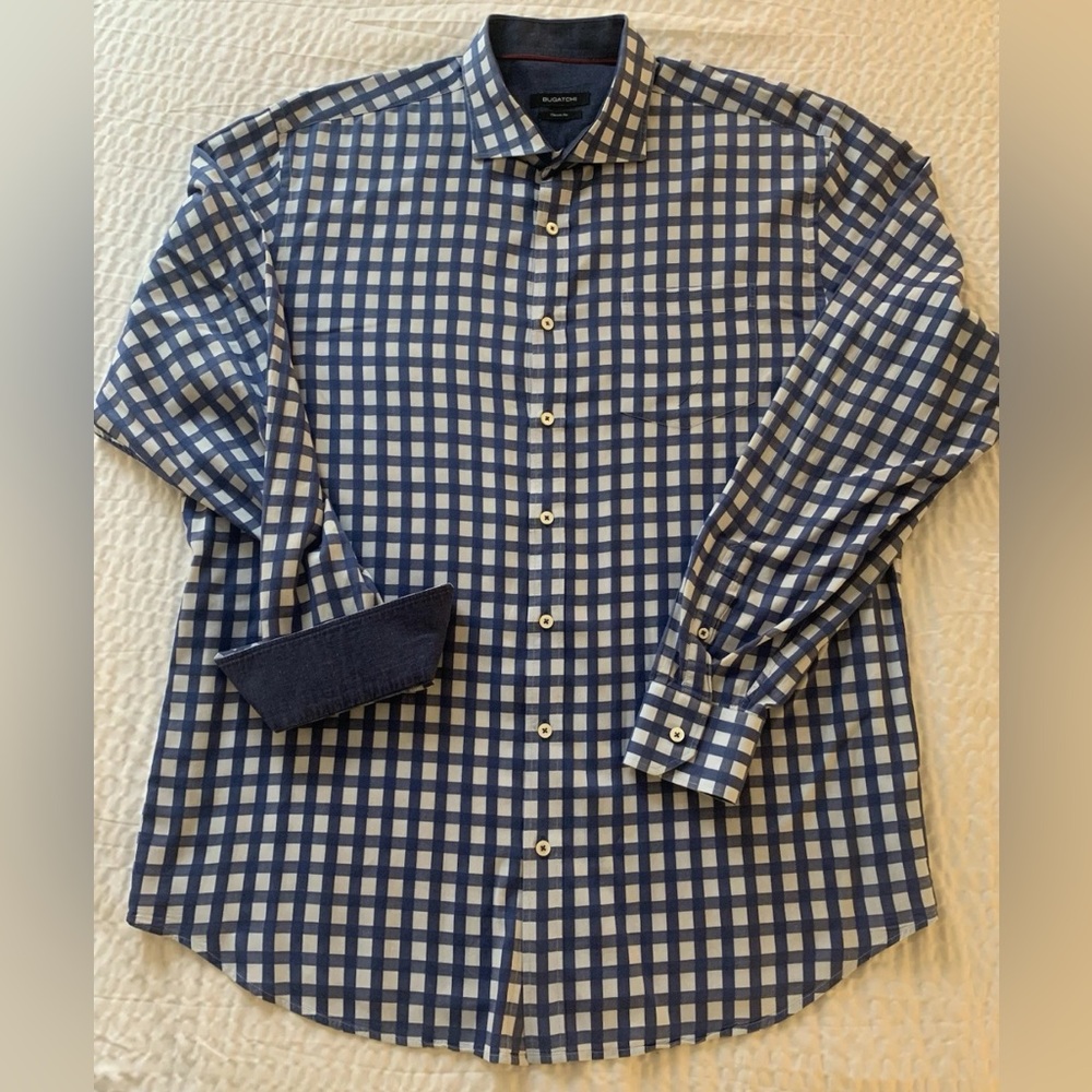 BUGATCHI men shirt XL long sleeve BLUE/WHITE Checkered. Dressy Classy